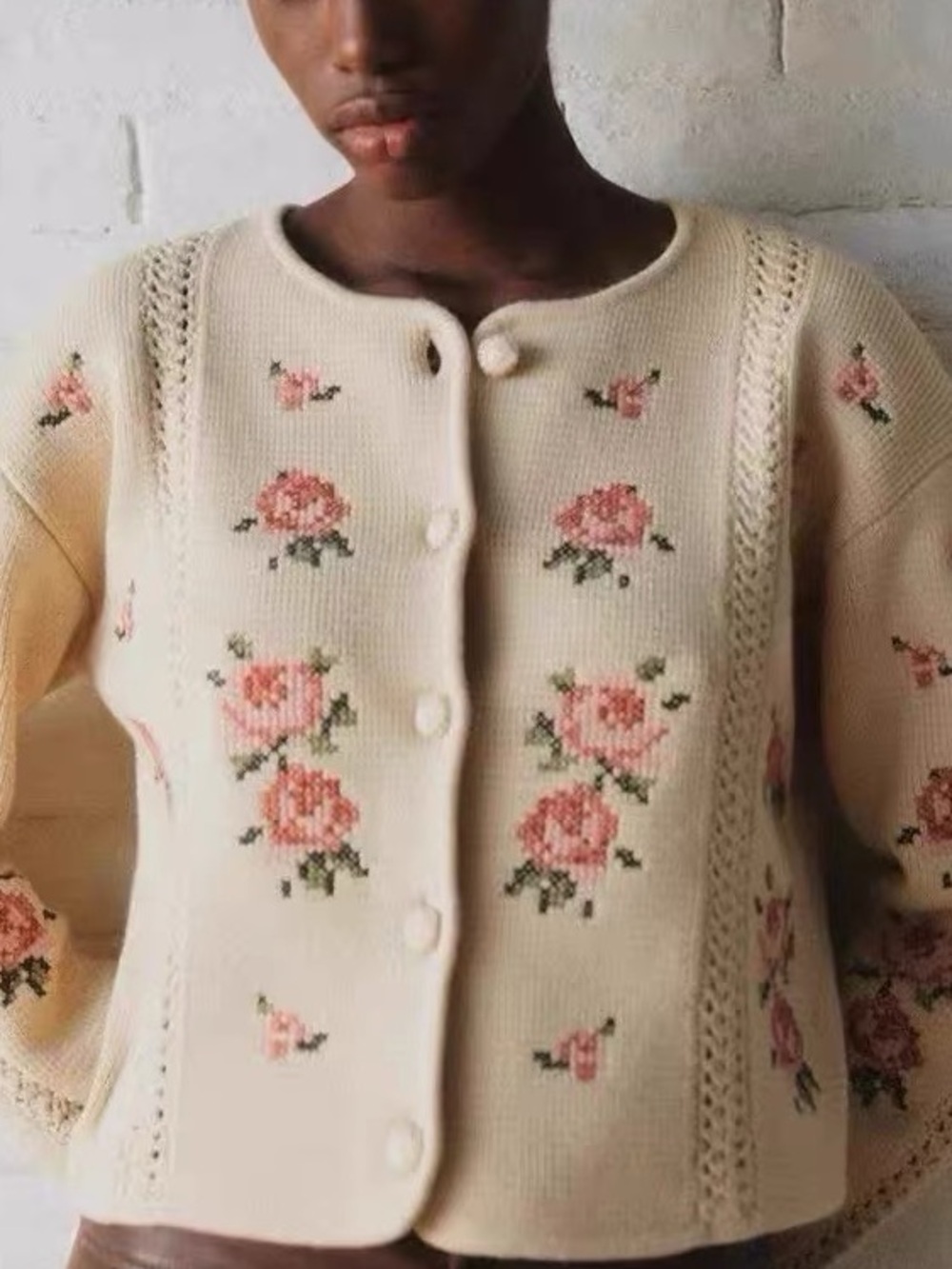 Sezane Cream Floral Knit Button-Front Women's Sweater - Picture 2 of 14
